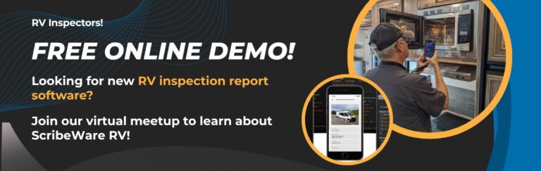 A black, yellow, and blue graphic banner that says Free online demo come see what ScribeWare RV Inspection Reports Software is all about!