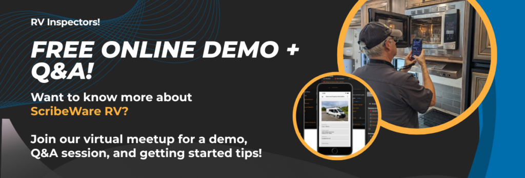 A black, yellow, and blue graphic banner that says Free online demo come see what ScribeWare RV Inspection Reports Software is all about!