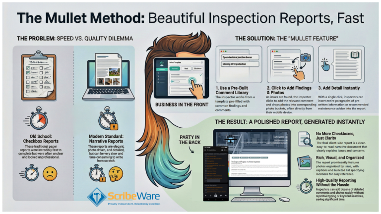 An infographic about the ScribeWare Mullet Method for quicker inspection reports